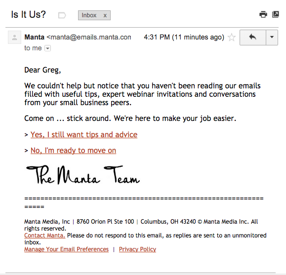 Manta opt-out email