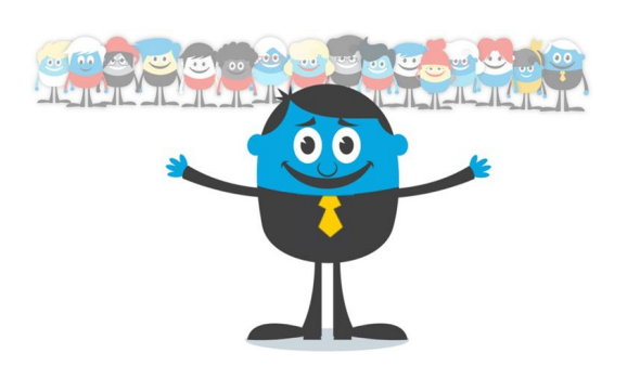 Blue guy and group of people - Land More Meetings paper Blue guy and group of people - Land More Meetings paper